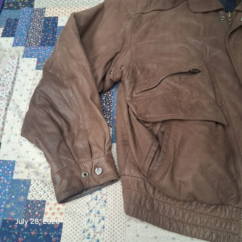 Vintage Mirage Leather Bomber Jacket Mens Large Brown Flannel Lined Multi pocket
